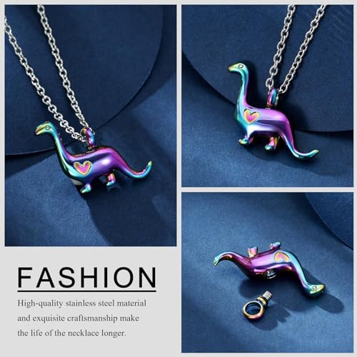 Cremation Jewelry for Ashes Dinosaur Urn Necklace for Ashes Stainless Steel Ashes Pendant for Women Men Keepsake Memorial for Jewelry for Pet Rainbow