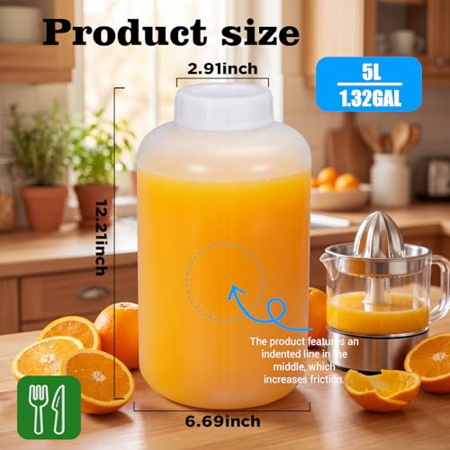 2Pack Plastic Jars 1.32 Gallon (5L) Bottles Containers with Lids, Wide Mouth Large Reusable Food Storage Jugs for Water, Juice, Milk Translucent 1.32 gallons