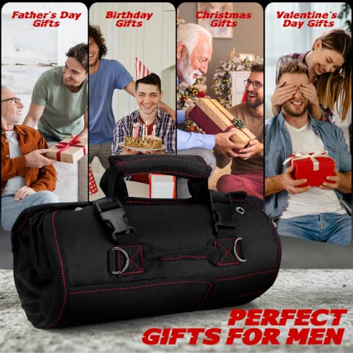 LIBKUR black tool roll bag with 13 pockets and clear pouches rolled open for tool storage