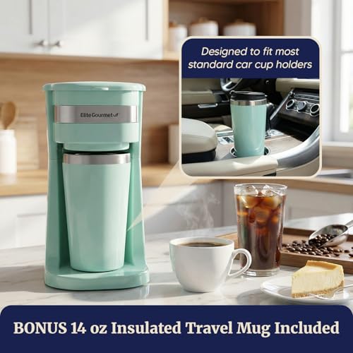 Elite Gourmet EHC113M Personal Single-Serve Compact Coffee Maker, Mint 14 ounce