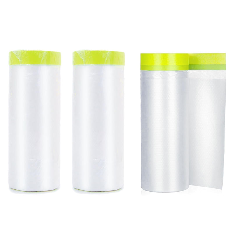 3 Rolls Pre-Taped Masking Film 59" x 66' Automotive Painters Tape and Plastic Painting Film for Covering Cars Walls Windows and Floor Furniture Protection