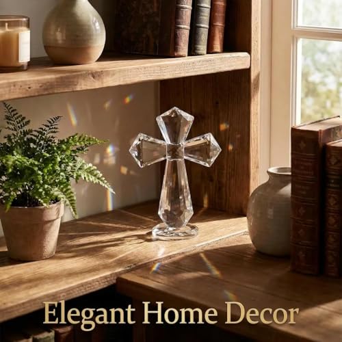 6-inch Hand-carved Crystal Cross – 360° All-around Cut K9 Desktop Ornament, Christian Spiritual Gift for Baptism, Wedding, Christmas, Family Altar & Office Decoration (Clear) Transparent