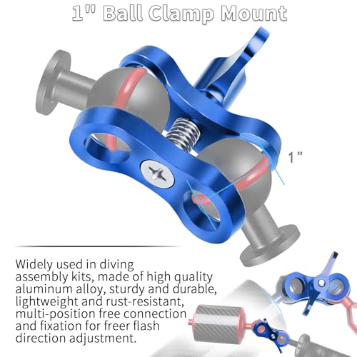2-Hole 1" Aluminum Underwater Camera Clamp Ball Mount (2-Pack) - Underwater Bracket for Diving Light Arms & Camera Trays, Saltwater-Resistant Adapter for Scuba Photography/Videography Gear Double Holes Blue