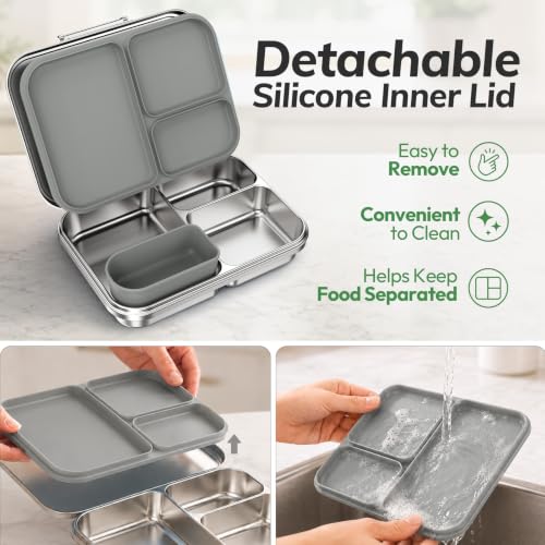 Stainless Steel Bento Lunch Box for Kids and Adults,3 Compartment Meal Lunch Box with Detachable Silicone Lid,Leak-Resistant Food Container with Snack Cup for School,BPA-Free(Grey) Gray