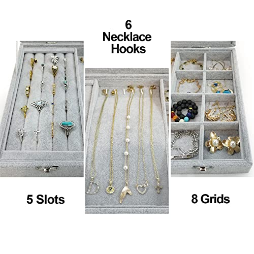 Ice Velvet Jewelry Organizer Box for Women Girlfriend Wife 8 Grids & 5 Slots & 6 Necklace Hooks