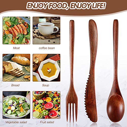Geiserailie 24 Pcs Wooden Utensils for Eating Wooden Spoon Fork Knife Set