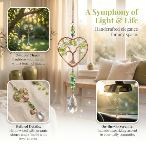 Tree of Life Crystal Suncatcher for Windows, Handmade Green Crystal rainbow Maker Hanging Ornaments for Garden Home Decor Spiritual Gifts for Women Men Friends and Holidays