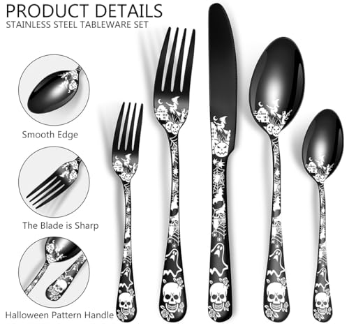 XIAOYU Halloween Themed Skeleton Silverware Set for 4, 20-Piece Stainless Steel Flatware Set, Gothic Skeleton Pattern Decorative Cutlery Set, Halloween Easter and Christmas Tableware, Rainbow Purple, Red, Orange, Yellow, Green, Blue, Indigo, Violet