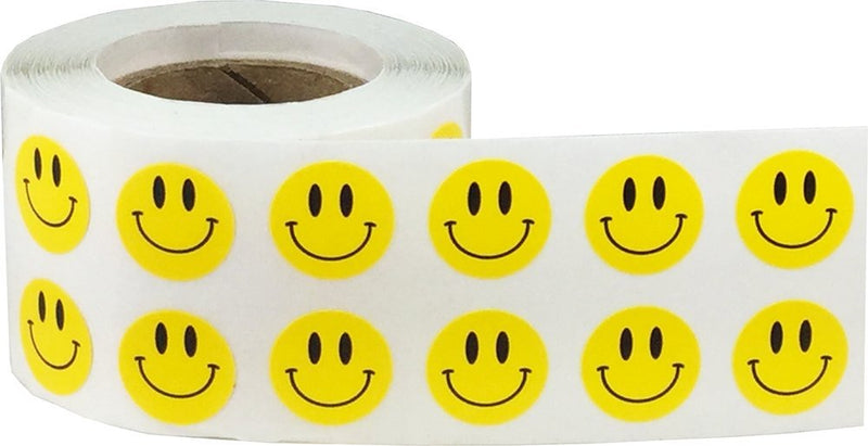 1/2" Inch Small Yellow Semi-Gloss Happy Face Labels, 1,000 Total Adhesive Stickers on a Roll, Perfect for Kids Classroom Incentives, Motivational Chart Use