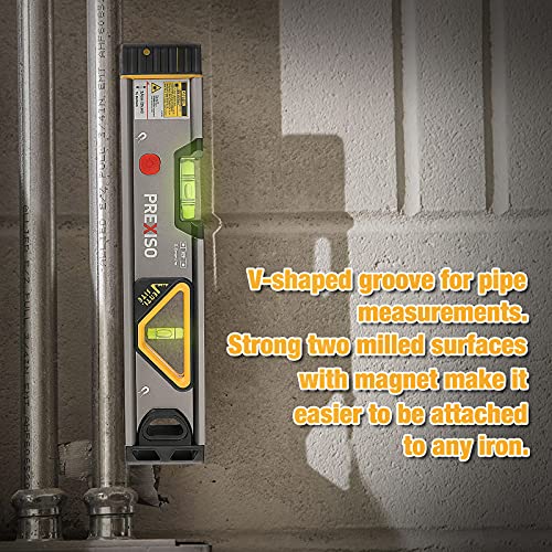 Prexiso 2-in-1 laser level with 12-inch magnetic spirit level and light, displaying horizontal and vertical lines