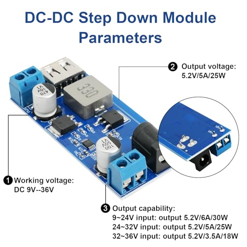 DC-DC Buck Converter 24V/12V to 5V 5A, QIQIAZI Step Down Converter, Power Supply Step Down Module, Step-Down Converter, Adjustable Power Supply, Down Module with USB Port (Pack of 5)
