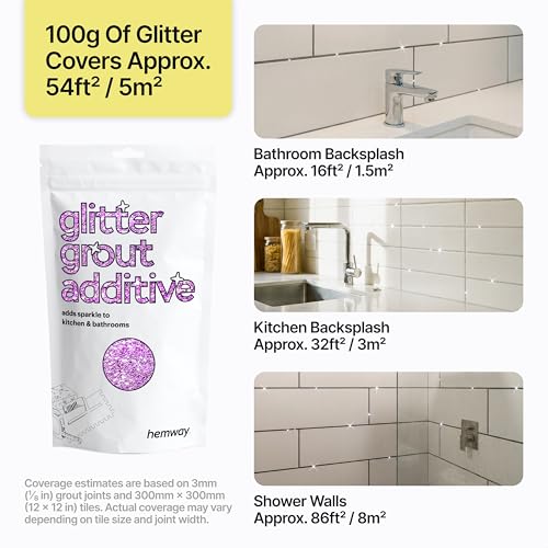 Hemway lavender purple glitter grout additive with metallic flakes, 100g tub for tile grout