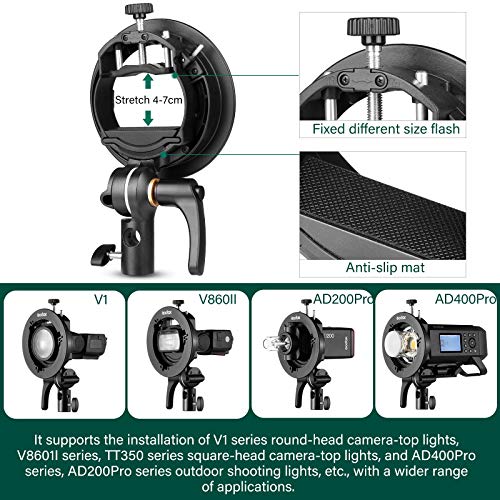 GODOX S2 Speedlite Bracket Bowens Mount Holder + Cold Shoe Flash Mount for Godox V1 Series, AD200Pro, AD200, AD400Pro, V860II Series, TT350 TT685 TT600 Series Flash