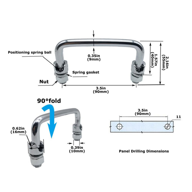 [Australia - AusPower] - 304 Stainless Steel U-Shaped Folding Metal Cabinet Handle Hole 90mm/3.5in Folding Handle Tool Box Handle 