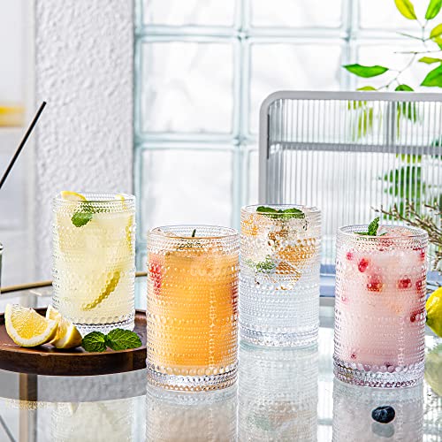 Hobnail Drinking Glasses Set of 4, Art Deco Vintage Glassware, 12 oz Tall Crystal Tumblers, Clear Embossed Glass Cups, Romantic Iced Beverage Glass, for Beer, Cocktail, Soda, Cappuccino