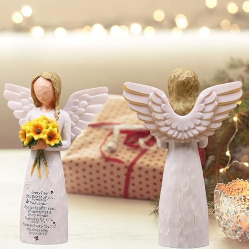 Christian Gifts for Women Birthday, Religious Gifts for Women, Mom Sister, Spiritual Inspirational Gift, Hand-Painted Sunflower Angel Figurine with Scripture Engraving