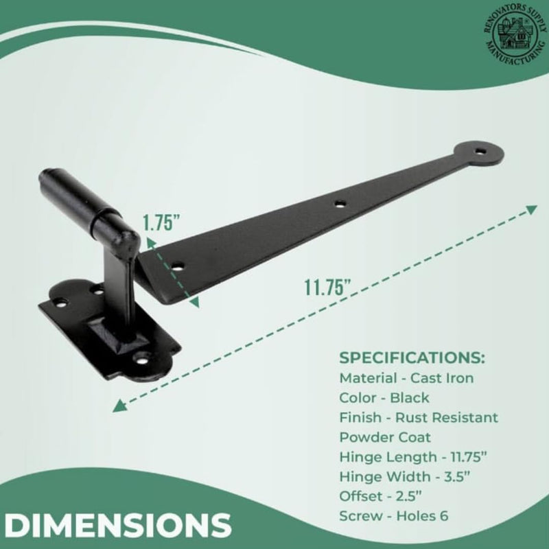 Renovators Supply Manufacturing Black Cast Iron Pintle Strap Hinges 11-3/4 Inch Offset Lift Off Shutter Gate Door Hardware RSF Rustic Colonial Reversible Hinges with Screws Pack of 1
