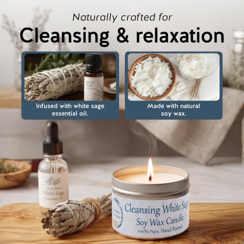 White Sage Soy Wax Candle, 6oz Non-Toxic Aromatherapy for Home Cleansing 6 Ounce Tin