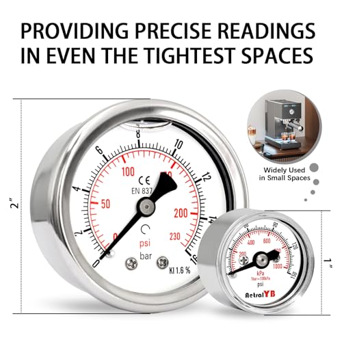 AetralYB 1-inch mini pressure gauge, 0-150 PSI, stainless steel case with 1/8 NPT back mount