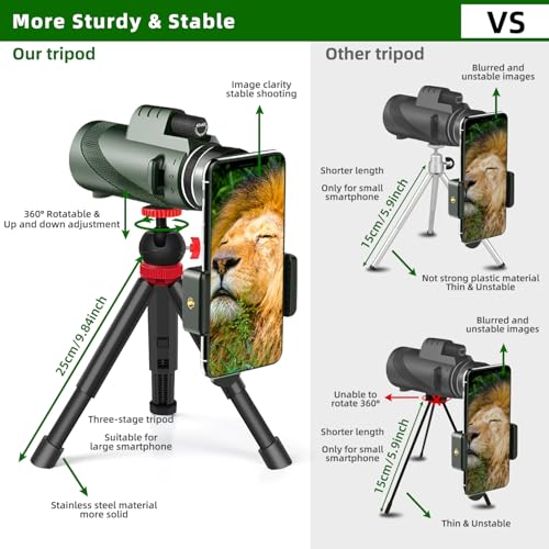 40X60 High Power Monocular Telescope with Tripod & Phone Adapter, HD Low Light Vision for Adults, Perfect for Wildlife Watching, Hiking, Camping and Sporting Events