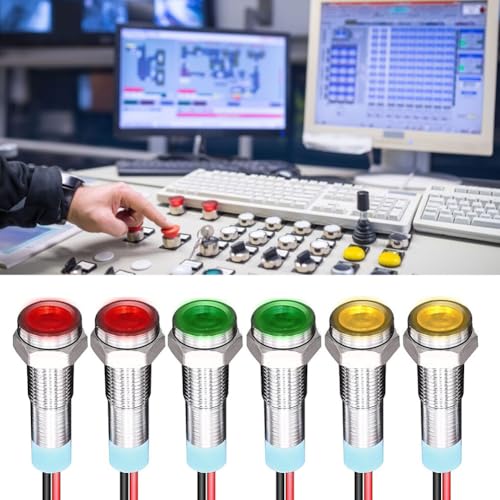Cerioll LED Metal Indicator Light, LED Metal Indicator Light, 6 mm LED Indicator Light, Pack of 6 Metal Indicator Light with Wire, Waterproof Signal Lamp, 110 V-220 V (Red, Yellow, Green, 2 Pieces of Each