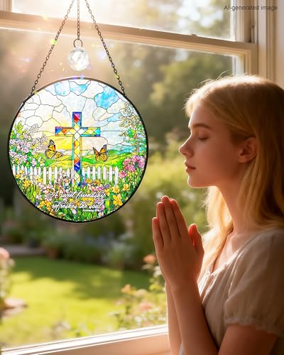 7.8" Christian Bible Verse Stained Glass Window Hanging Cross&garden 7.8 inch