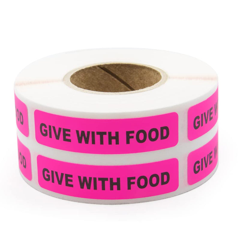 LabelValue | Give with Food - Veterinary Labels/Stickers - 0.375” x 1.625”, [500 Labels/1 Roll], Fluorescent Pink | Warning Stickers for Veterinary Clinics/Hospitals
