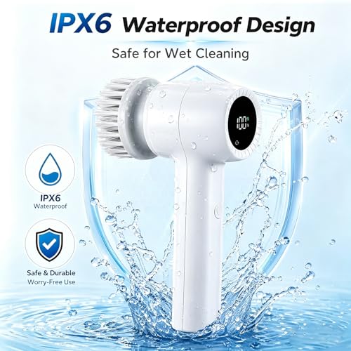 Electric Spin Scrubber Cordless, 5 In 1 Waterproof Cordless Electric Cleaning Brush with LED Display, Floor Scrubber with 2 Speeds 5 Brush Heads for Bathroom Tub Wall Kitchen Tile Car(White) White