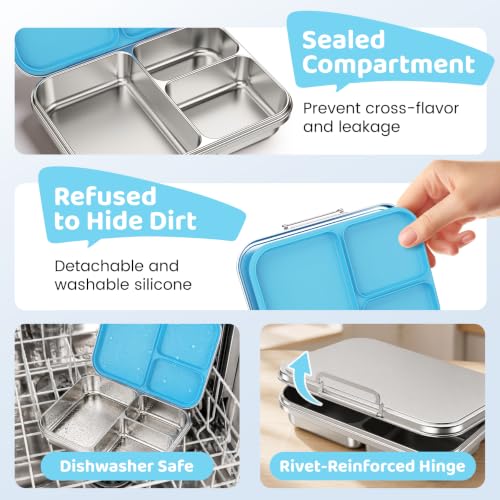 Pawtong Stainless Steel Bento Box for Kids and Adults, 3 Compartment Leakproof Lunch Box with Removable Silicone Seal and Silicone Contianer, Metal Lunch Container for School, Work and Travel (Blue) Blue