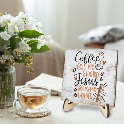 Inspirational Coffee Sign Rustic Desk Decor Decorative Christian Religious Bible Verse Faith Decoration for Home Farmhouse Bedroom Office Coffee Bar Table Shelf Tiered Tray Plaque with Wood Stand multicolour0345