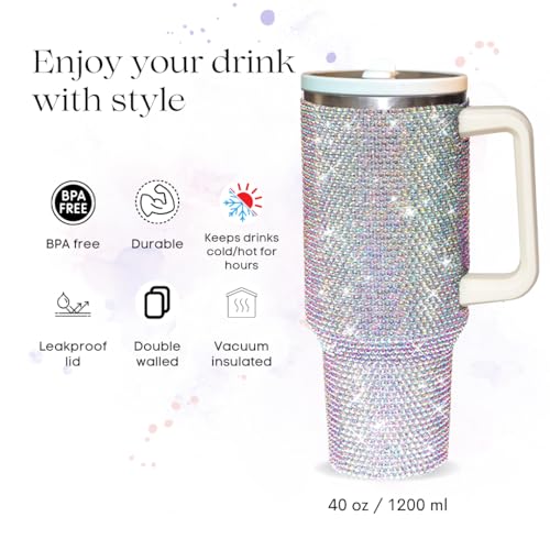 40 Oz Rhinestone Tumbler with Handle and Flip Straw, Insulated Stainless Steel Double Layer Bling Tumbler | Leak Proof Glitter Tumbler for Women | Reusable 1200ml Travel Bling Cups White AB Northern light 40.0