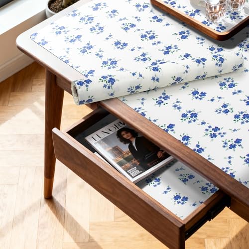 RAY STAR 18 Inch x 8 Ft Shelf Liner for Kitchen Cabinets, Non-Adhesive Cabinet Liner Washable, Drawer Liner for Dresser Non-Slip Bathroom [Blue Cream Floral](4 Rolls) Forget-me-not 18"W x 96"L 4