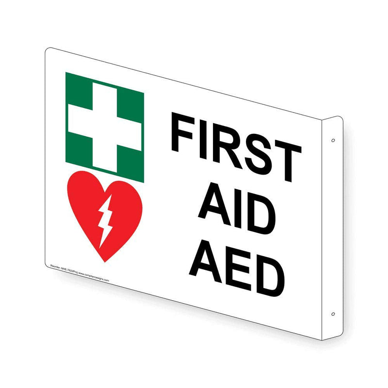 ComplianceSigns.com First Aid AED Wall Sign, Projection-Mount 9x7 inch White Aluminum for Emergency Response 9" x 7" 90D Aluminum