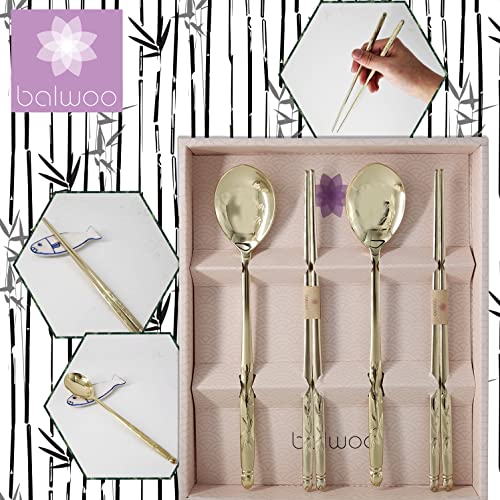 [Made in Korea] Bamboo Design Sticky Rice Spoon Chopsticks Set Gold Titanium Plating 304 Stainless Steel Soup Spoon Ramen Noodle Chopsticks Flatware (2 Sets) 2 Sets