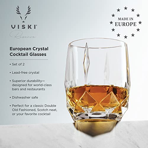 Viski Reserve Bruno Cocktail Glasses - Crystal Whiskey Glasses or Rocks Glasses - Ornate Cut Crystal Glasses 11oz Set of 2 Viski