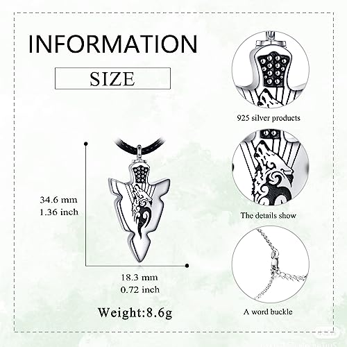 VONALA Arrowhead Necklace 925 Sterling Silver Wolf/Lion/Viking Arrow Pendant Necklace Jewellery Gifts for Men Urn
