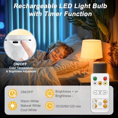 E27 LED Light Bulb with Battery Remote Control Dimmable Battery Bulbs 2600 mAh | Outdoor lamp, timer light bulb base and USB rechargeable dual purpose for table lamp/camping (3000K/4000K/6500K) 3 Color Temperatures, 1 Piece