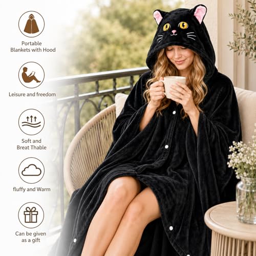 Emwwat Wearable Blanket Hoodie with Sleves, Black Cat Oversized Warm Flannel Blanket with Sleves Hoodie Gift for Mom, Girtfriend, Wife, Friend, Sister-Perfect for Christmas