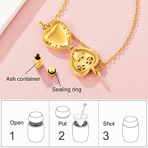 FindChic Customized Heart Shaped Urn Necklaces for Ashes with Custom Picture/Birthstone Stainless Steel/18K Gold Plated Claddagh/Angel Wing Pendant Waterproof Keepsake Cremation Jewelry, with Gift Box 03. hollow heart (goldl) not customized