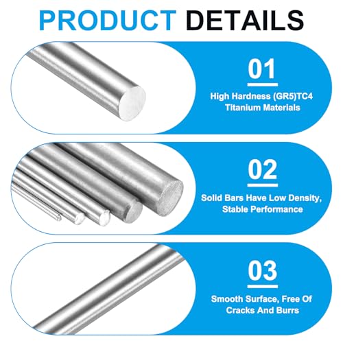 uxcell GR5 titanium round rods, 4.5mm (3/16 inch) diameter, 16-inch solid metal rods, 3-piece set