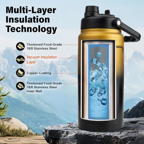 DYSANKY 64 oz Insulated Water Bottle Wide Mouth for Camping and Hiking | Thickened Stainless Steel Vacuum Large Water Jug BPA-Free, Half Gallon Luxe Gold & Black 64 Ounces