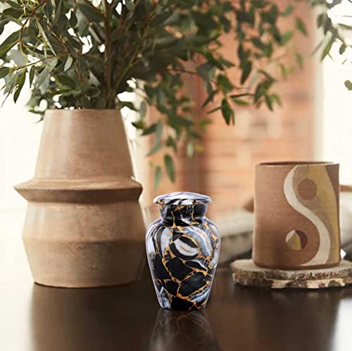 Small Keepsake Cremation Urns for Human Ashes - Marble Finish Metal Keepsake Urn - Mini Cremation Urn for Pet Ashes - Handcrafted Memorial Urn - Funeral Urns with Velvet Bag (Luxury Black) Luxury Black
