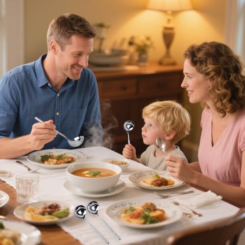 Soup Ladle and Slotted Spoon Set 18/8 Stainless Steel, 9.4" Small Metal Ladle Spoon and Strainer Scoop Gravy Colander, for Hotpot, Buffet, Party, Restaurants, Kitchen, 2-Pack 9.44"-Spoons set 2pcs-Hammered finish