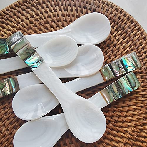 i-lan 6pcs White Mother of Pearl Spoons,Well Polished Inlaid Seashell MOP Teaspoons,Stirring Spoons Utensils with Green Decorative Pattern Handle for Caviar,Egg,Ice cream,Coffee Serving, 4 x 1 inch