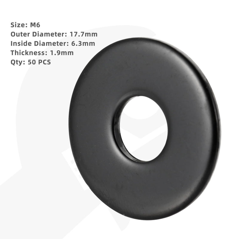 [Australia - AusPower] - M6 Black Flat Washers (6.3mm ID, 17.7mm OD, 1.9mm Thick) for Screw Fasteners, 304 Stainless Steel, 50 PCS M6 