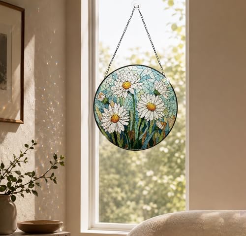 White Daisy Farmhouse Stained Glass Suncatcher Window Hanging Color02