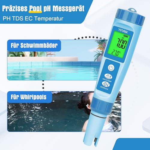 YINMIK pH Meter Digital pH EC Meter Grow Pool pH Meter | pH EC Meter for Hydroponics, TDS Tester for Drinking Water, 4-in-1 pH Conductivity PPM Temp Meter for Pools Aquarium blue pH meter