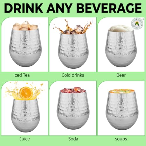 Durable Heavy-Gauge 16.9oz (500ml) Stainless Steel Metal Mugs Cups Tumbler Drinking Glasses – Premium Grade, Single Wall, Food Grade, Set of 4 (Hammered High Polish) Hammered, High Polish
