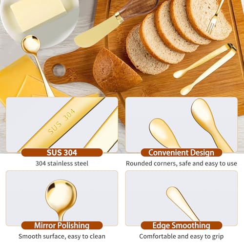 46Pcs Charcuterie Boards Accessories Small Serving Utensil Set Cheese Butter Spreader Knives Mini Stainless Steel Cutlery Tong Spoon Fork Bowl Wooden Toothpick for Kitchen Wedding Christmas Gift(Gold) 46Pcs Gold