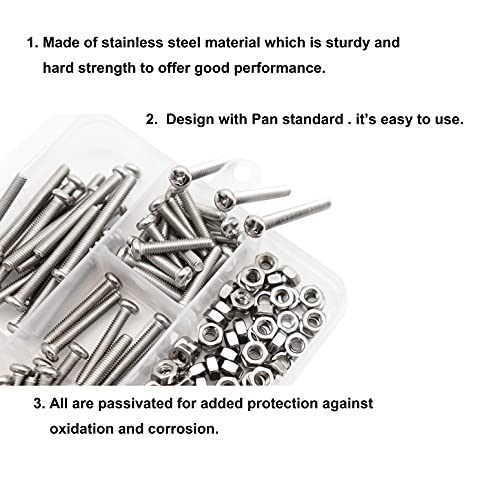 cSeao 340pcs M4 Pan Head Phillips Screws Nuts Washers Assortment Kit, 304 Stainless Steel, M4x 20mm/ 25mm/ 30mm/ 35mm/ 40mm 1. M4x20/25/30/35/40mm Screws Nuts Washers 340pcs